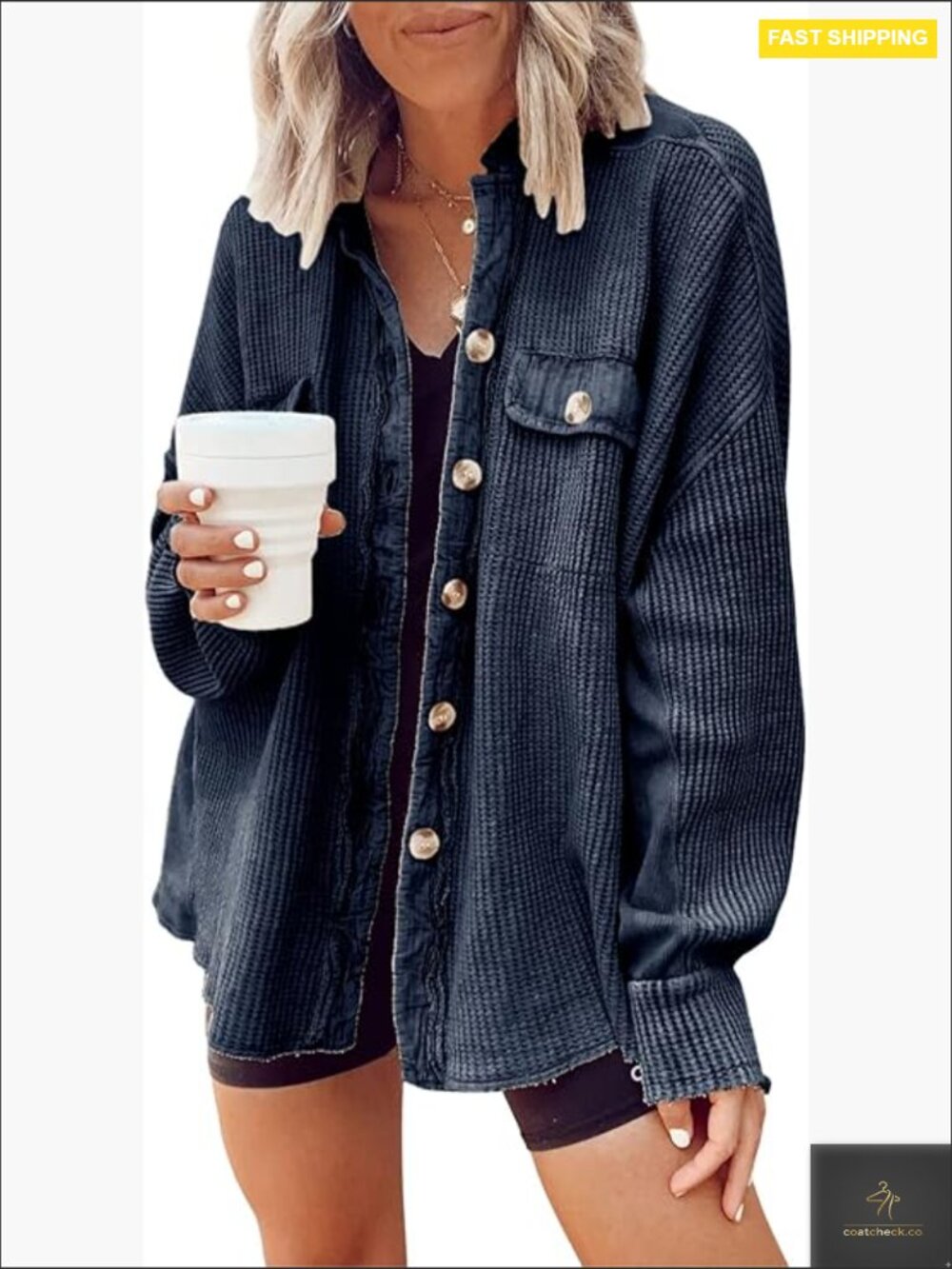 Waffle Knit Button Down Shacket Oversized Batwing Sleeve Loose Fit Blouse Top - Picture 1 of 6